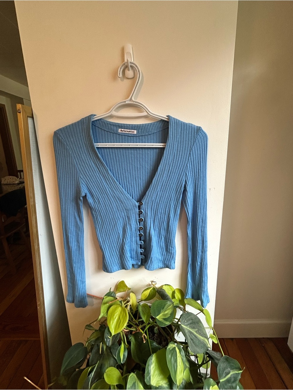 Reformation Sky Blue Ribbed Button-Front Long Sleeve Top